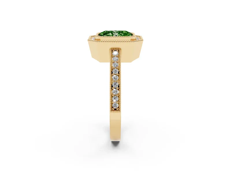 Fancy Green Radiant Cut Diamond Halo Engagement Ring Set in Yellow gold with Pavé Band and Round Halo Stones