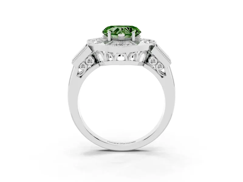 Fancy Green Heart Cut Diamond Milgrain Halo Ring Set in Platinum with Split Shank