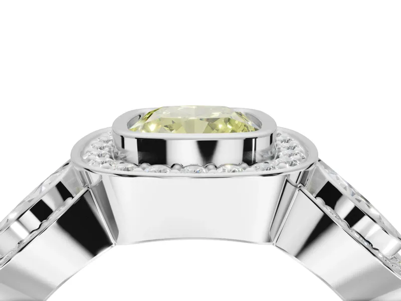 Cushion Cut Three Stone Halo Engagement Ring Setting for a Fancy Yellow Lab-Grown Diamond | Bezel Set | Sterling Silver