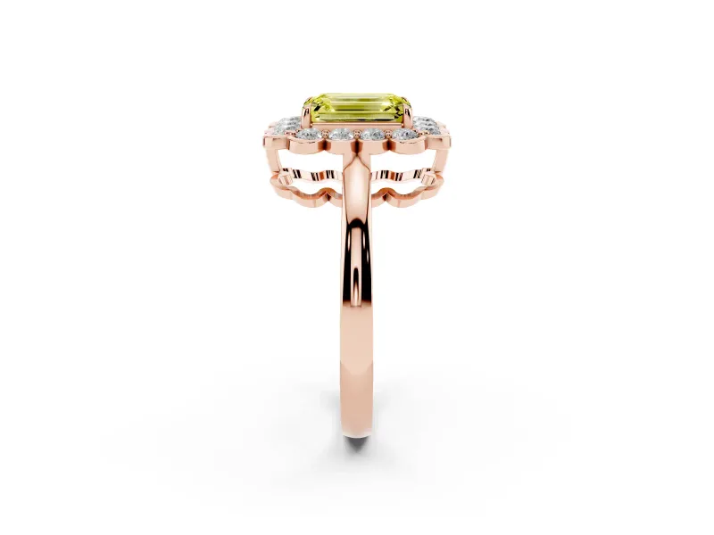 Emerald Cut Scalloped Cluster Halo Engagement Ring Setting for a Fancy Yellow Lab-Grown Diamond | Plain Band | Rose Gold