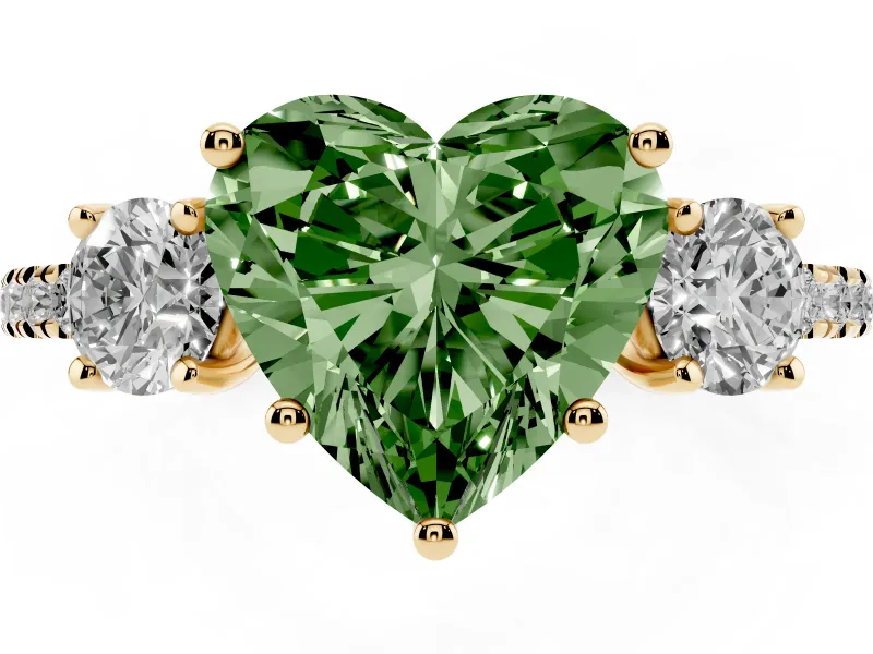 Fancy Green Heart Cut Diamond Three-Stone Ring Set in Yellow gold with Pavé Band and Graduated Sides