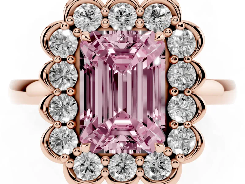 Emerald Cut Scalloped Cluster Halo Engagement Ring Setting for a Fancy Pink Lab-Grown Diamond | Plain Band | Rose Gold