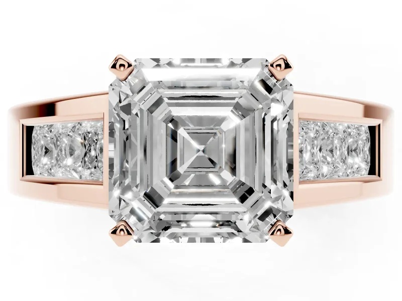 Asscher Cut Channel-Set Engagement Ring Setting | Princess Side Stones | Rose Gold