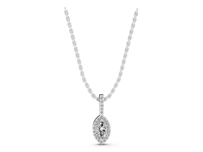 Marquise Lab-Grown Diamond Pavé Halo Pendant Necklace | Slim Pavé Bail | Sterling Silver