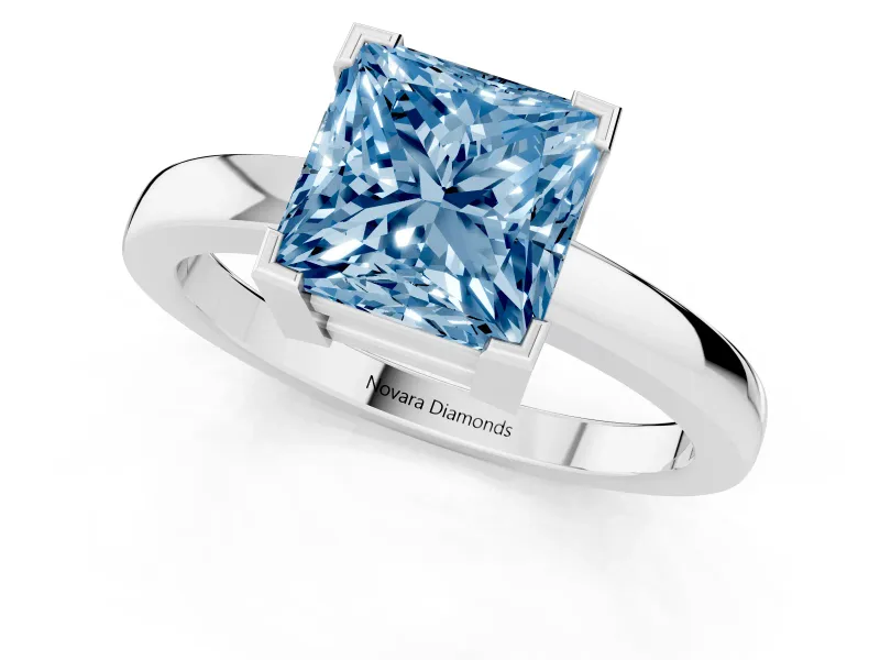 Fancy Blue Princess Cut Diamond Solitaire Ring Set in Silver with Prong Head and Smooth Polished Band