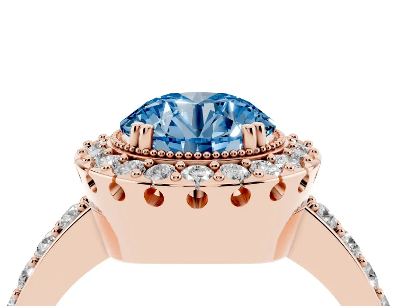 Round Vintage Milgrain Halo Engagement Ring Setting for a Fancy Blue Lab-Grown Diamond | Pierced Gallery | Rose Gold