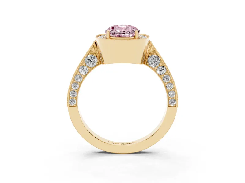 Oval Milgrain Halo Engagement Ring Setting for a Fancy Pink Lab-Grown Diamond | Side Stones | Yellow Gold