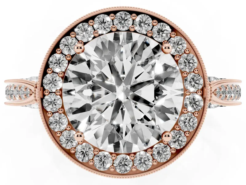 Round Vintage Milgrain Halo Engagement Ring Setting | Side Stones and Pave | Rose Gold