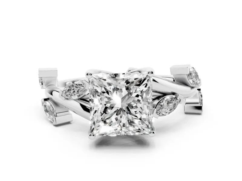 Princess Cut Diamond Solitaire Ring Set in Silver with Twisted Marquise Accent Band
