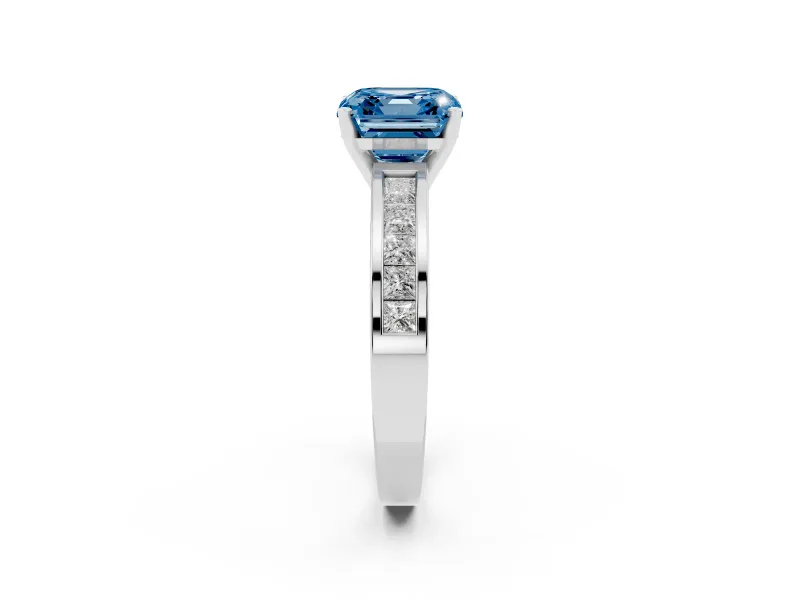 Fancy Blue Asscher Cut Diamond Solitaire Ring Set in Silver with Channel-Set Band and Prong Setting