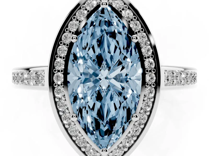 Fancy Blue Marquise Cut Diamond Halo Pavé Split Shank Ring Set in Silver with Prong Setting