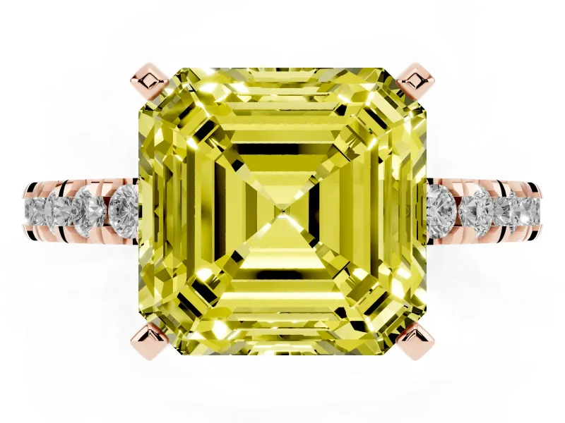 Fancy Yellow Asscher Cut Diamond Pavé Band Solitaire Set in Rose gold with Prong Setting