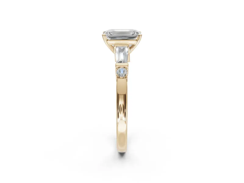 Emerald Cut Tapered Baguette Engagement Ring Setting | Bar Set Sides | Yellow Gold