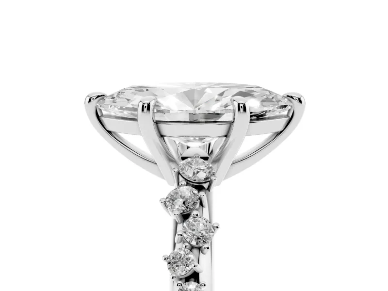 Marquise Cut Diamond Solitaire Vine Band Ring Set in White gold with Round Accents and Prong Setting