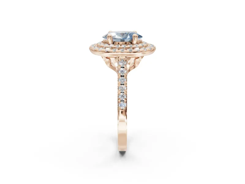 Fancy Blue Oval Lab-Grown Diamond Double Halo Statement Ring Set in Rose Gold with Pavé Band