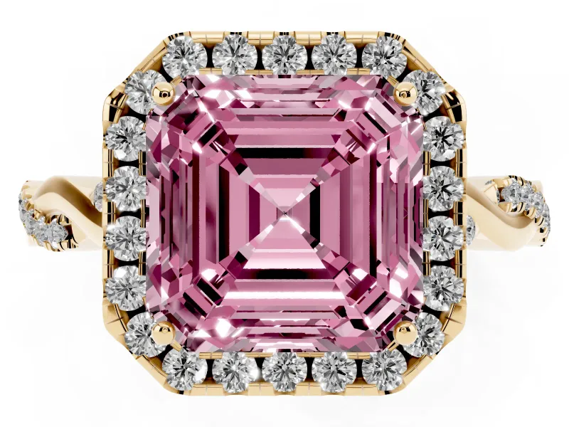 Asscher Cut Twist Halo Engagement Ring Setting for a Fancy Pink Lab-Grown Diamond | Yellow Gold