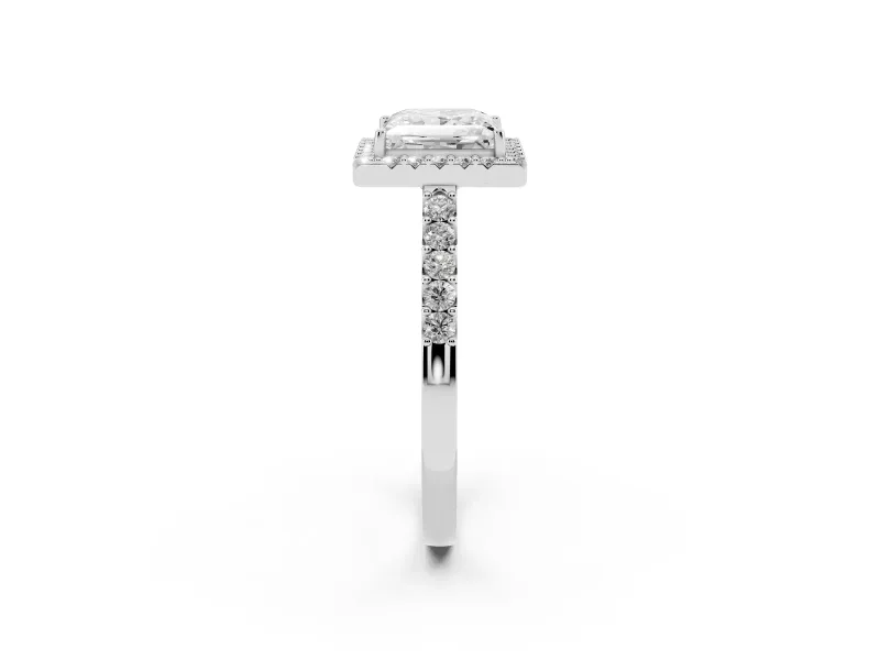 Princess Cut Diamond Halo Pavé Solitaire Ring Set in Platinum with Prong-Set Center Stone