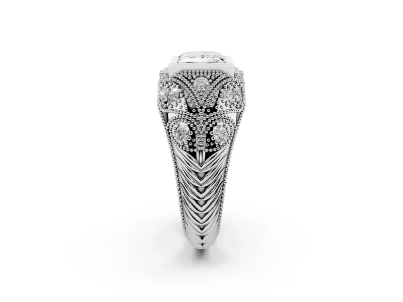 Princess Cut Diamond Bezel Ring Set in Silver with Milgrain Accent Band