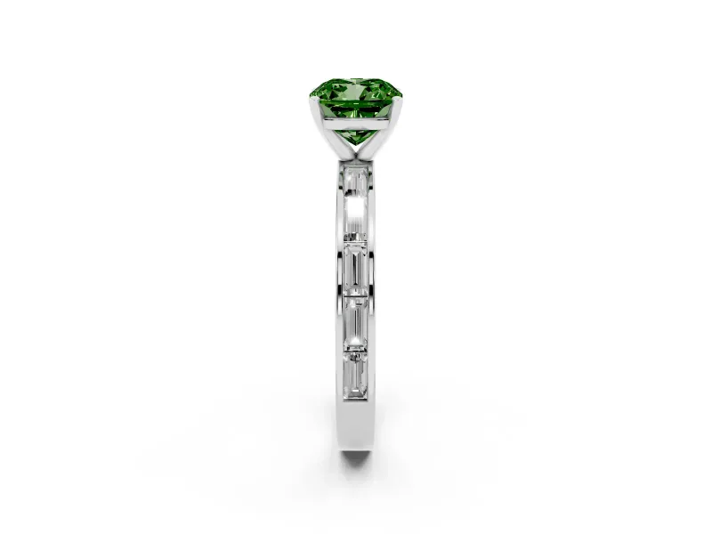 Fancy Green Cushion Cut Diamond Solitaire Ring Set in Silver with Channel-Set Baguette Band and Prong Setting