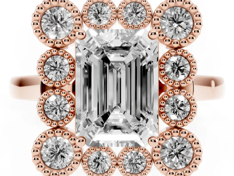 Emerald Cut Vintage Milgrain Bezel Cluster Halo Engagement Ring Setting | Plain Band | Rose Gold