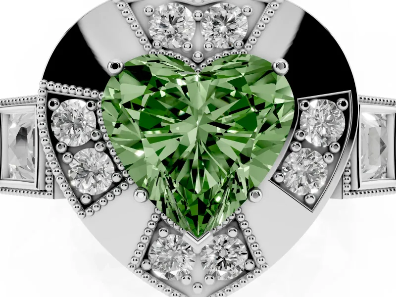Fancy Green Heart Cut Diamond Milgrain Halo Ring Set in Platinum with Split Shank