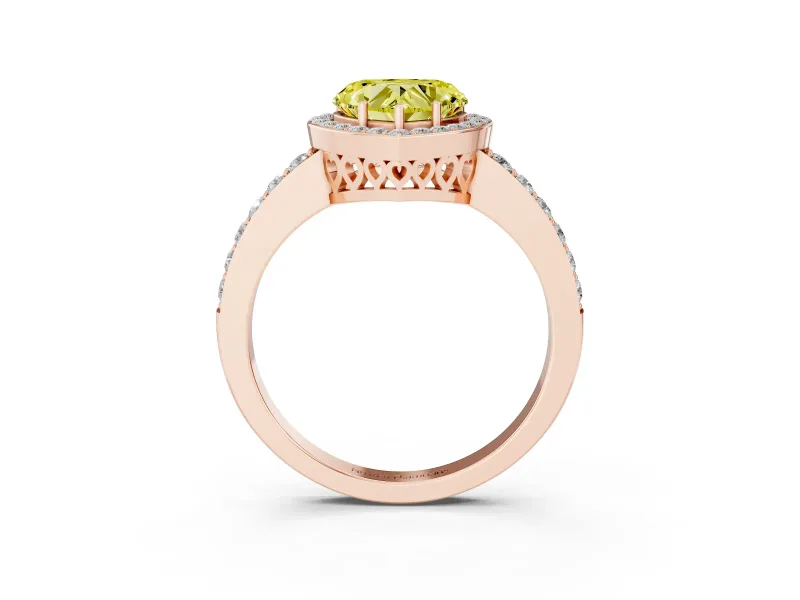 Fancy Yellow Heart Cut Diamond Halo Ring Set in Rose gold with Pavé-Setting Band and Open Prong Center