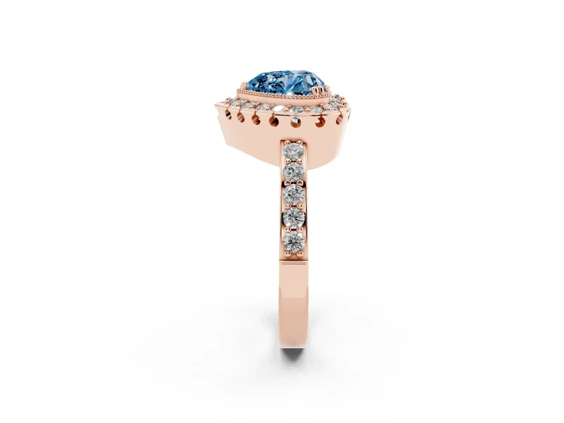 Heart-Shaped Milgrain Halo Engagement Ring Setting for a Fancy Blue Lab-Grown Diamond | Pavé Shoulders | Rose Gold