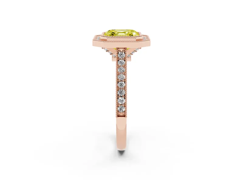 Asscher Cut Vintage Milgrain Halo Engagement Ring Setting for a Fancy Yellow Lab-Grown Diamond | Bezel Head | Rose Gold