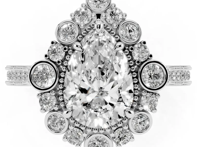 Pear Cut Diamond Halo Milgrain Pavé Ring Set in Silver with Prong Setting
