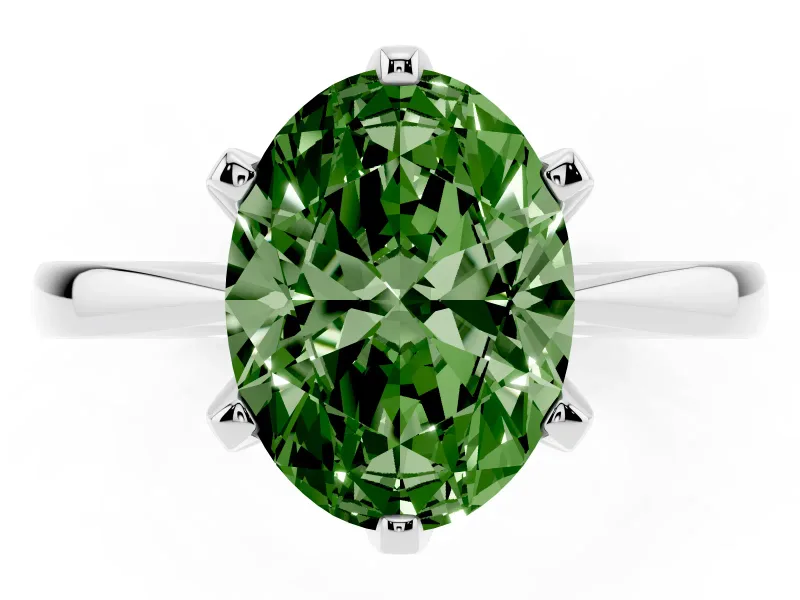 Fancy Green Oval Cut Diamond Solitaire Engagement Ring Set in Silver with Slim Tapered Solitaire Band