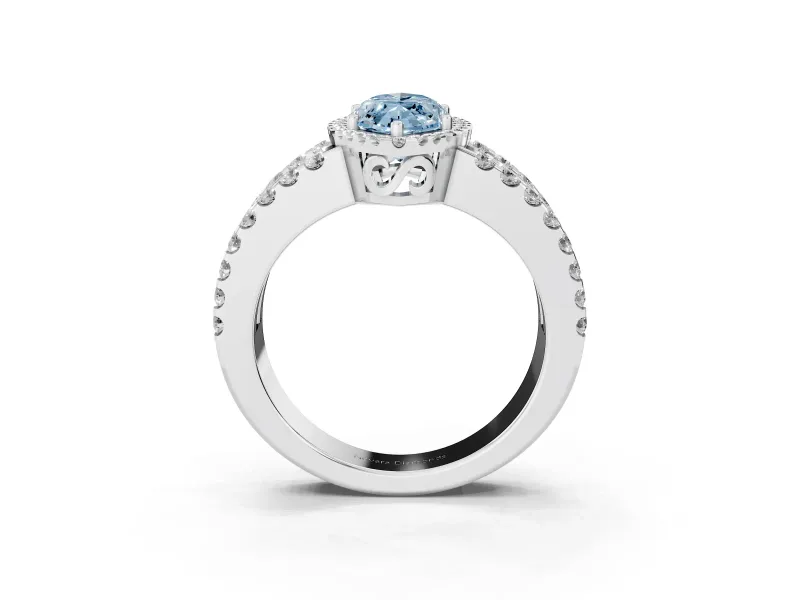 Fancy Blue Marquise Cut Diamond Halo Ring Set in Platinum with Pavé Split Shank and Prong Setting