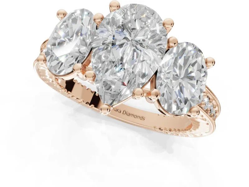Pear-Shaped Vintage Three Stone Engagement Ring Setting | Graduated Pavé | Rose Gold