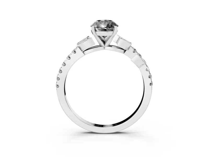 Fancy Black Pear Cut Diamond Solitaire Leaf-Inspired Ring Set in White gold with Pavé Band and Prong Setting