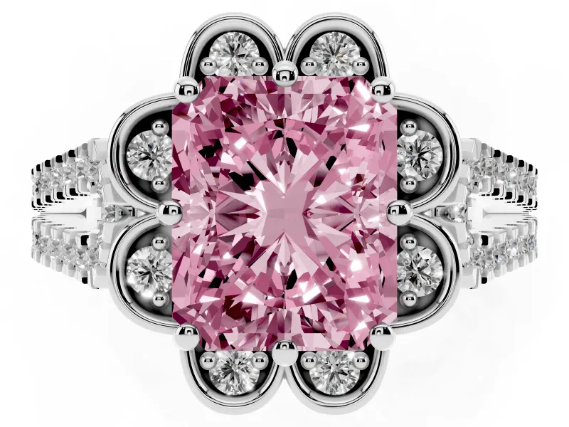 Radiant Cut Floral Halo Engagement Ring Setting for a Fancy Pink Lab-Grown Diamond | Pavé Split Shank | Sterling Silver