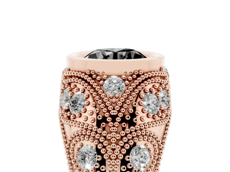 Fancy Black Round Cut Diamond Bezel Ring Set in Rose gold with Milgrain Accent Band