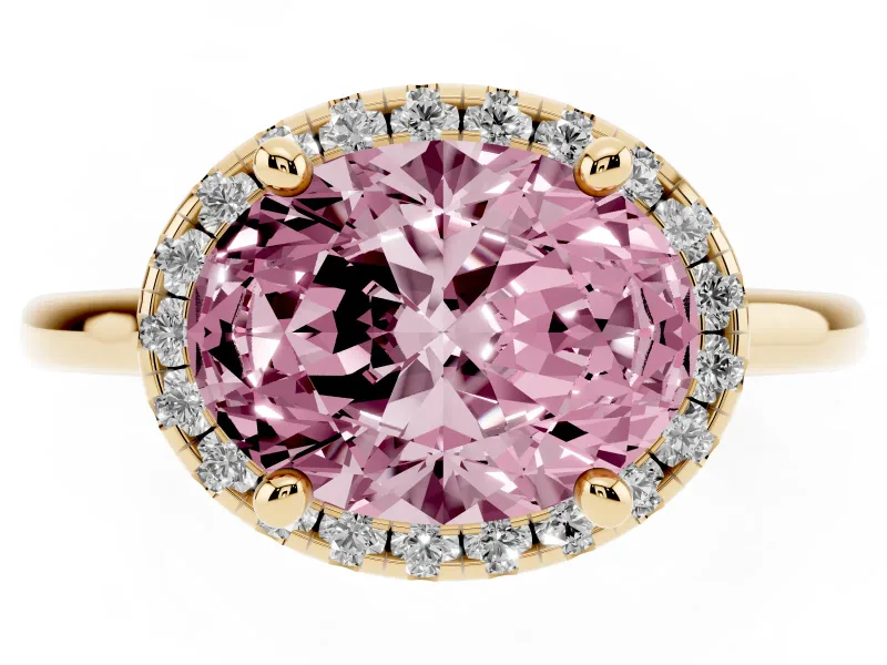 Oval Halo Engagement Ring Setting for a Fancy Pink Lab-Grown Diamond | Plain Polished Band | Yellow Gold