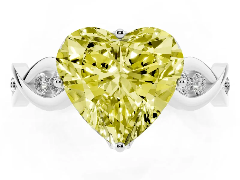 Fancy Yellow Heart Cut Diamond Twist Band Solitaire Ring Set in Platinum with Leaf Prong Setting and Accent Stones