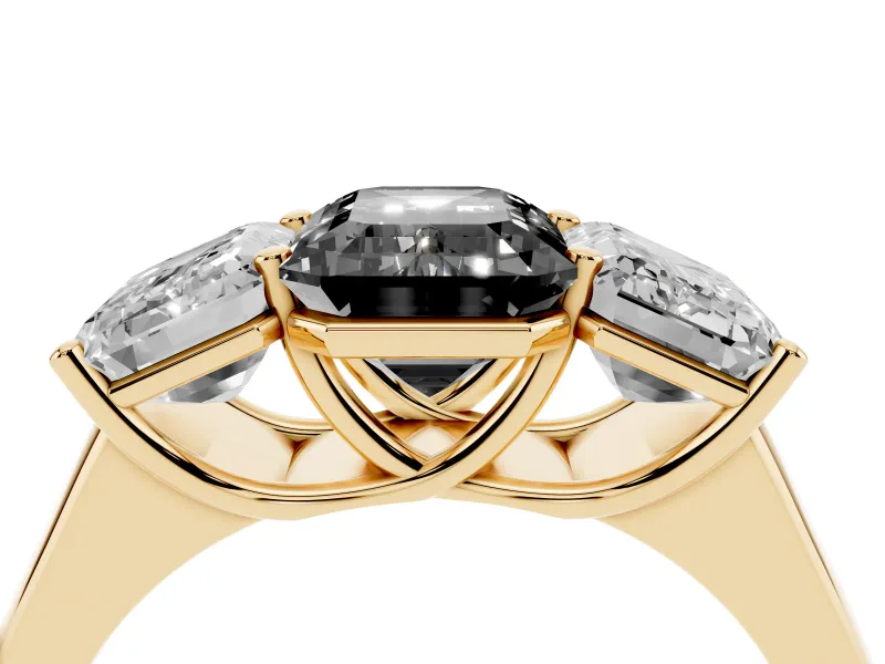 Emerald Cut Three Stone Engagement Ring Setting for a Black Center | Basket Prong Heads | Yellow Gold