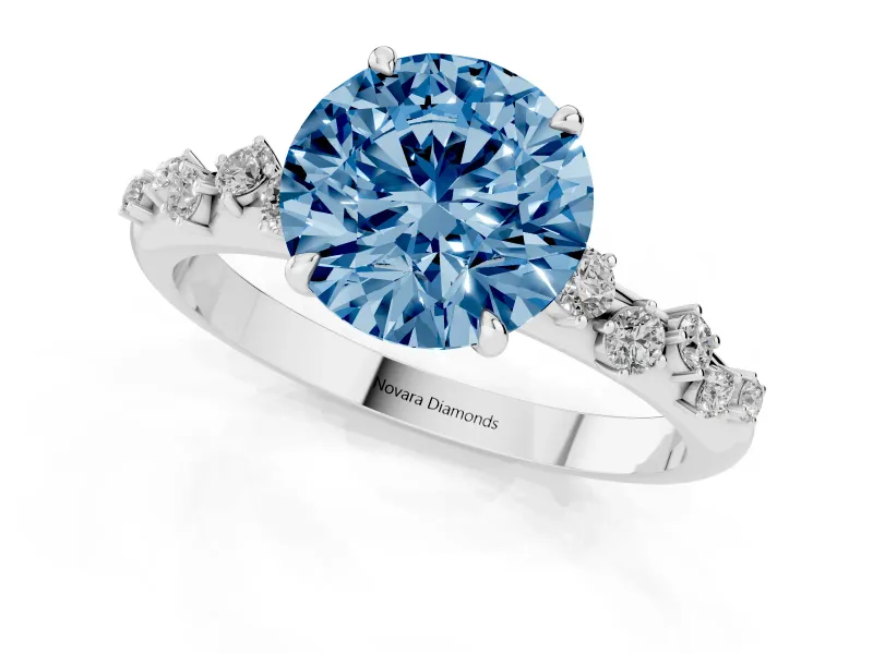 Fancy Blue Round Cut Diamond Cluster Solitaire Ring Set in Platinum with Prong Setting