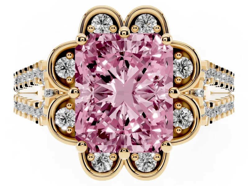 Radiant Cut Floral Halo Engagement Ring Setting for a Fancy Pink Lab-Grown Diamond | Pavé Split Shank | Yellow Gold