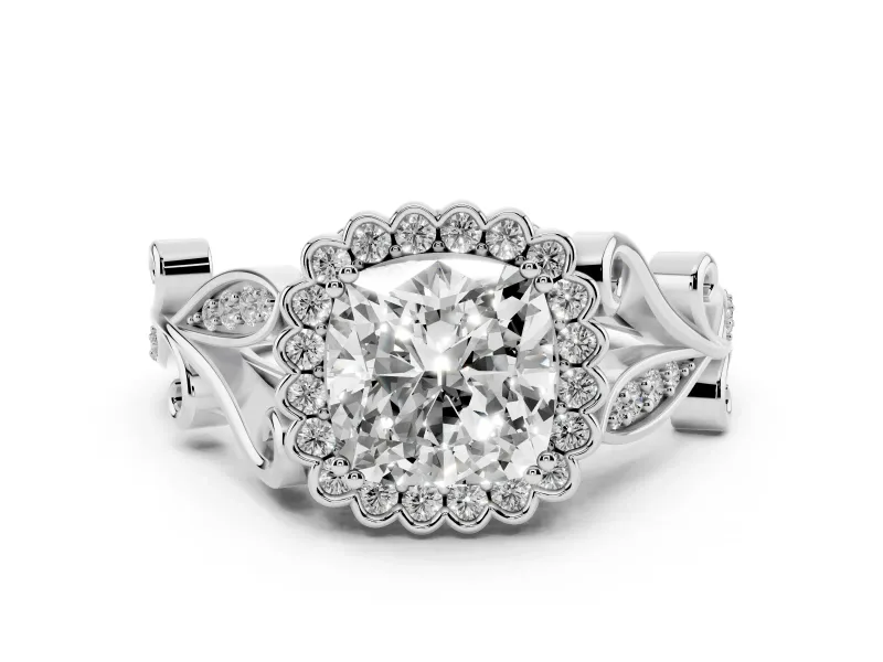 Cushion Cut Diamond Halo Ring Set in Platinum with Leaf Motif Split Shank and Prong Setting