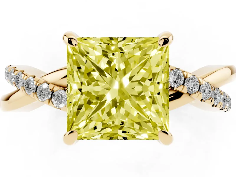 Fancy Yellow Princess Cut Diamond Twist Band Solitaire Set in Yellow gold with Pavé Accents and Prong Setting