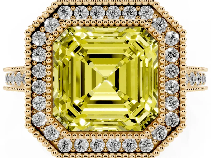Asscher Cut Milgrain Halo Engagement Ring Setting for a Fancy Yellow Lab-Grown Diamond | Yellow Gold