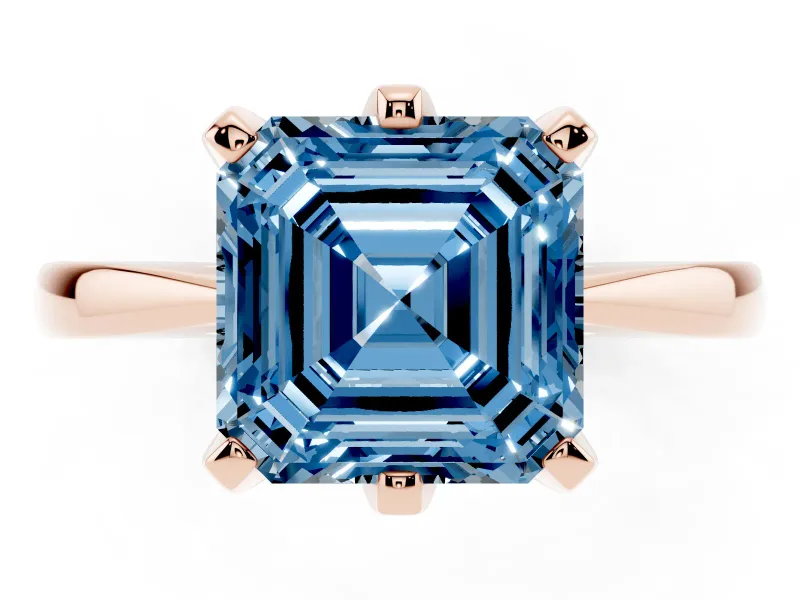 Fancy Blue Asscher Cut Diamond Solitaire Engagement Ring Set in Rose gold with Slim Tapered Solitaire Band