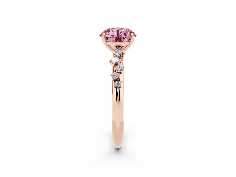 Fancy Pink Round Cut Diamond Cluster Solitaire Ring Set in Rose gold with Prong Setting
