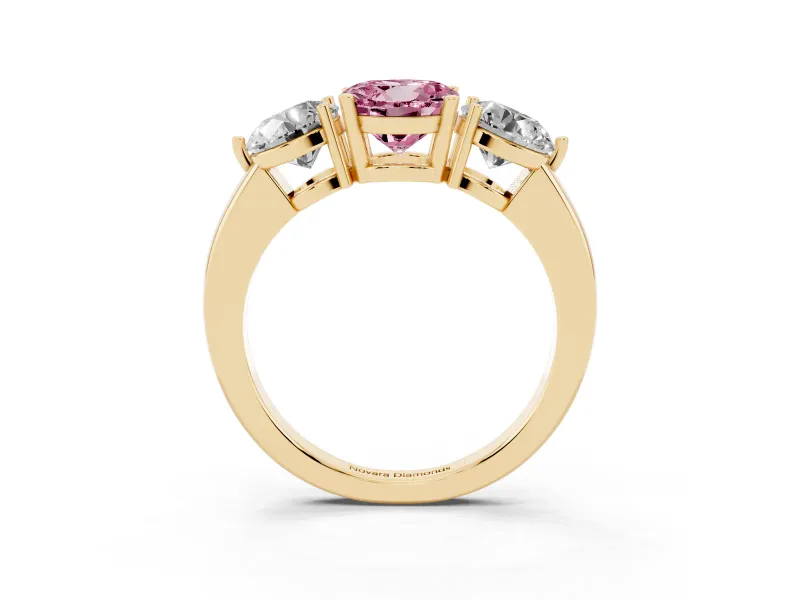 Round Three Stone Engagement Ring Setting for a Fancy Pink Lab-Grown Diamond | Large Round Side Stones | Yellow Gold