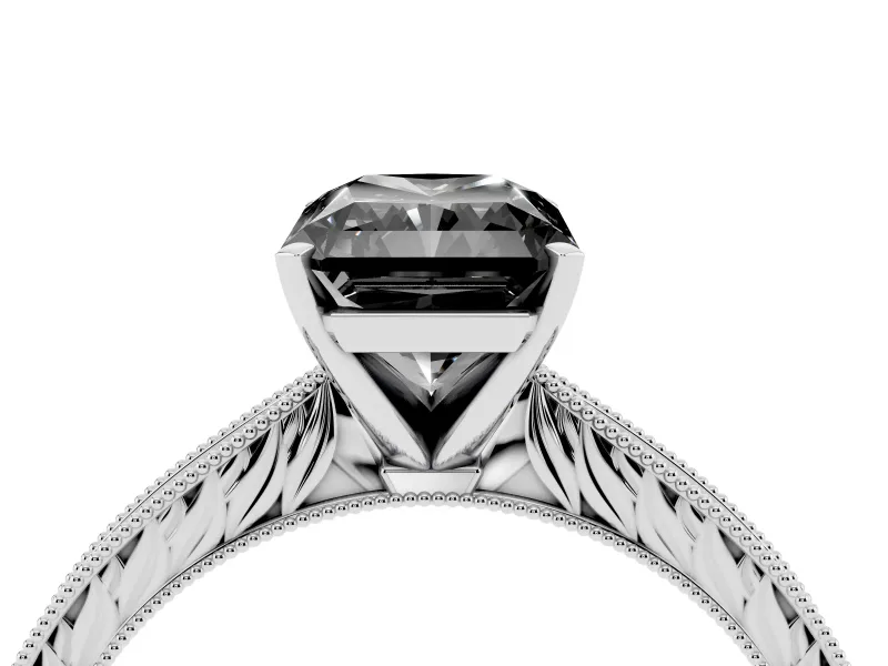 Fancy Black Radiant Cut Diamond Solitaire Milgrain Engraved Band Set in White gold with Prong Setting