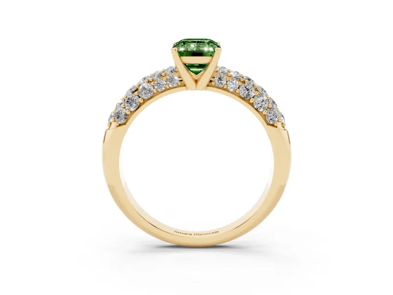 Emerald Cut Multi Row Pave Engagement Ring Setting for a Fancy Green Lab-Grown Diamond | Yellow Gold