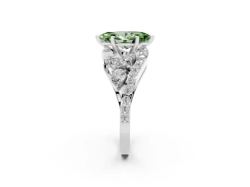 Fancy Green Marquise Cut Diamond Halo Ring Set in Platinum with Marquise and Pavé Band in Prong Setting