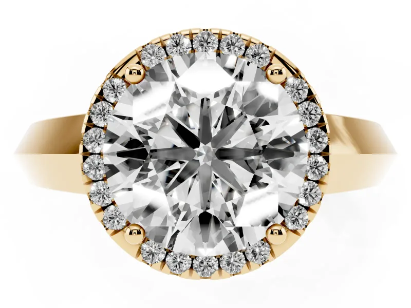 Round Cut Diamond Halo Ring Set in Yellow gold with Cathedral Band and Prong Setting